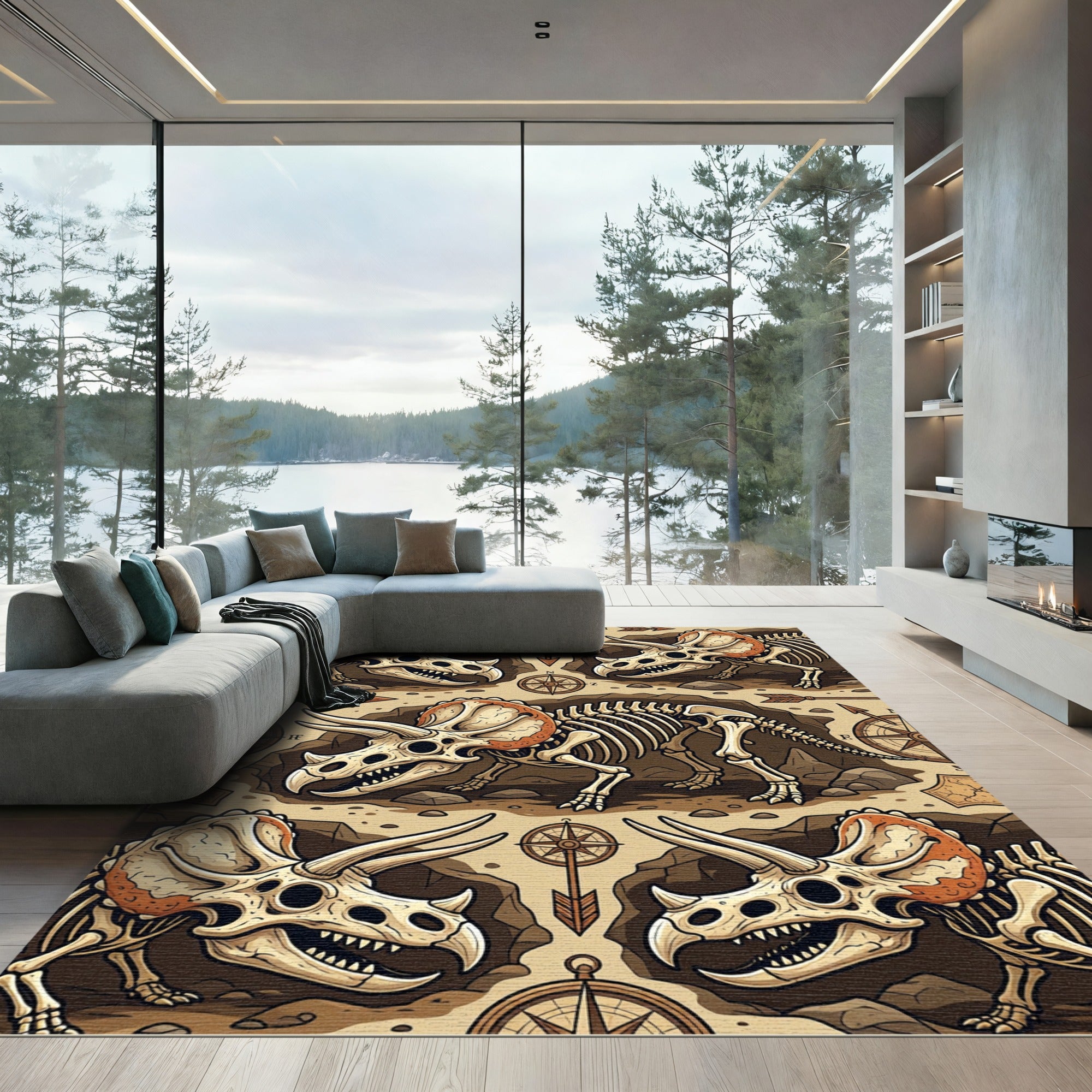 Vintage Fossilized Dinosaur Compass Expedition Rug