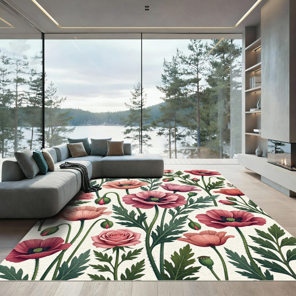 Blush Pink Poppy and Rose Garden Rug