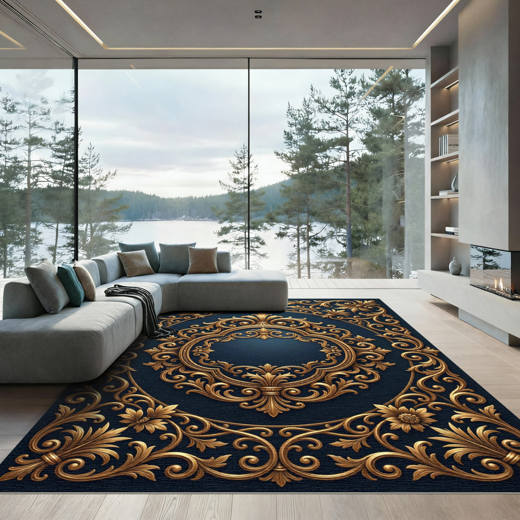 Gold Filigree Ornate Royal Navy Medallion Rug