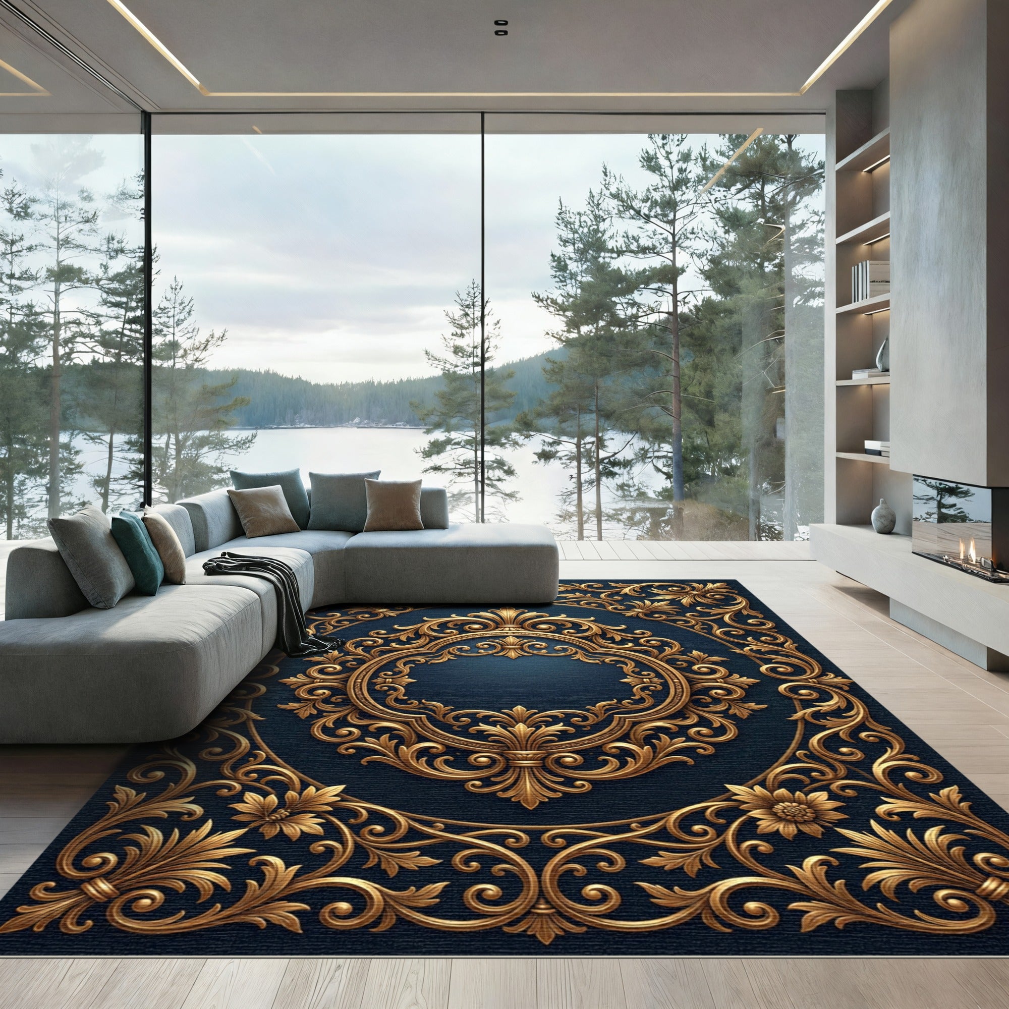 Gold Filigree Ornate Royal Navy Medallion Rug