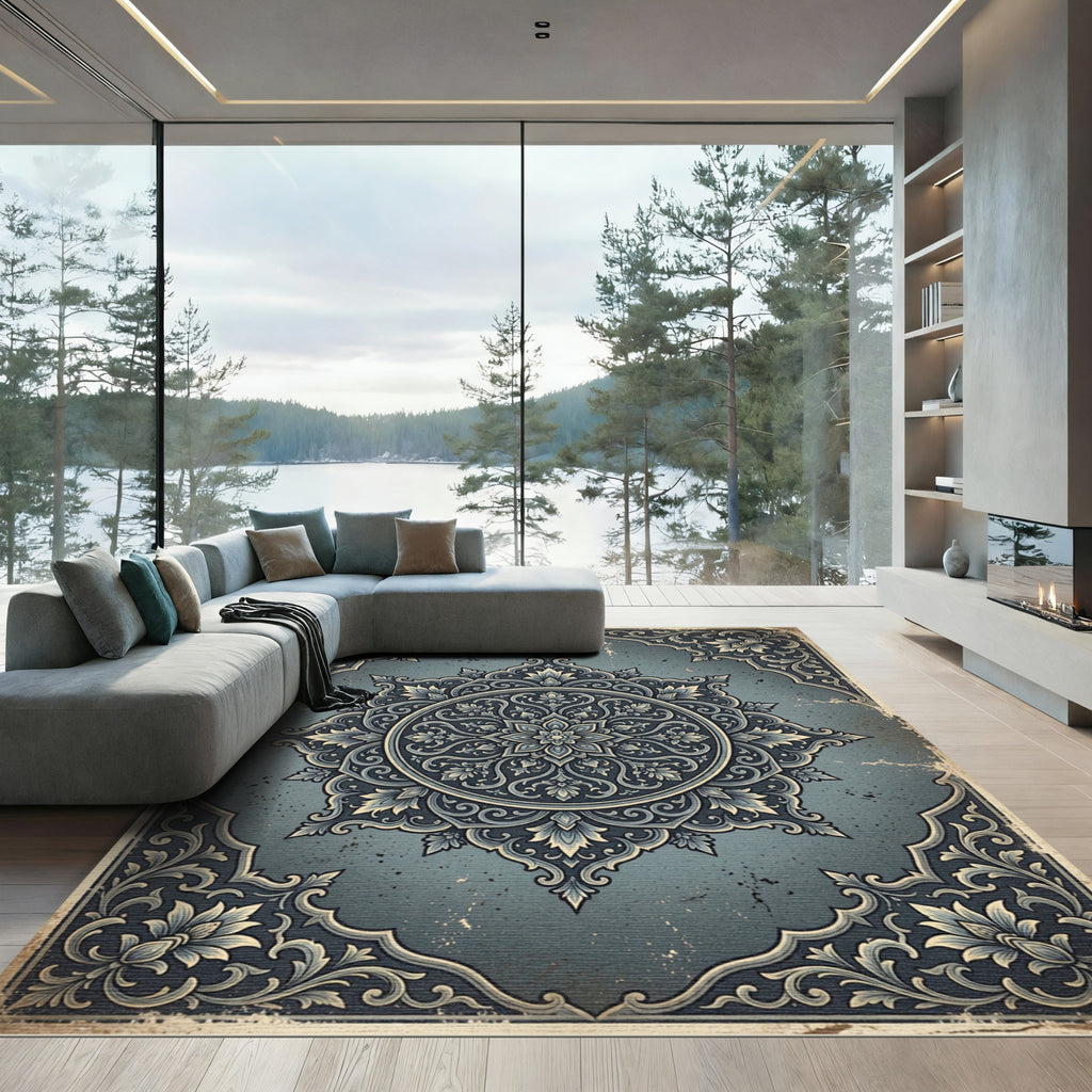 Vintage Slate Blue Ornate Floral Medallion Rug