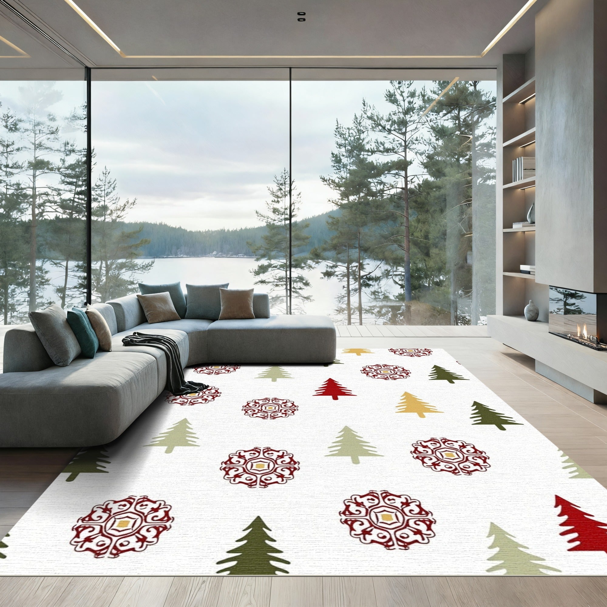 Red Burgundy Evergreen Starburst Trees Rug