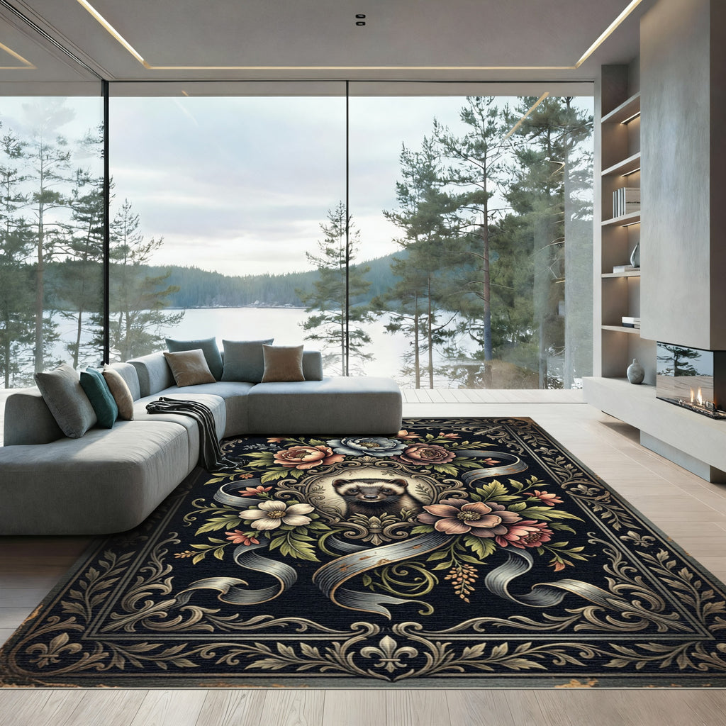 Ornate Ferret Floral Frame Illustration Rug