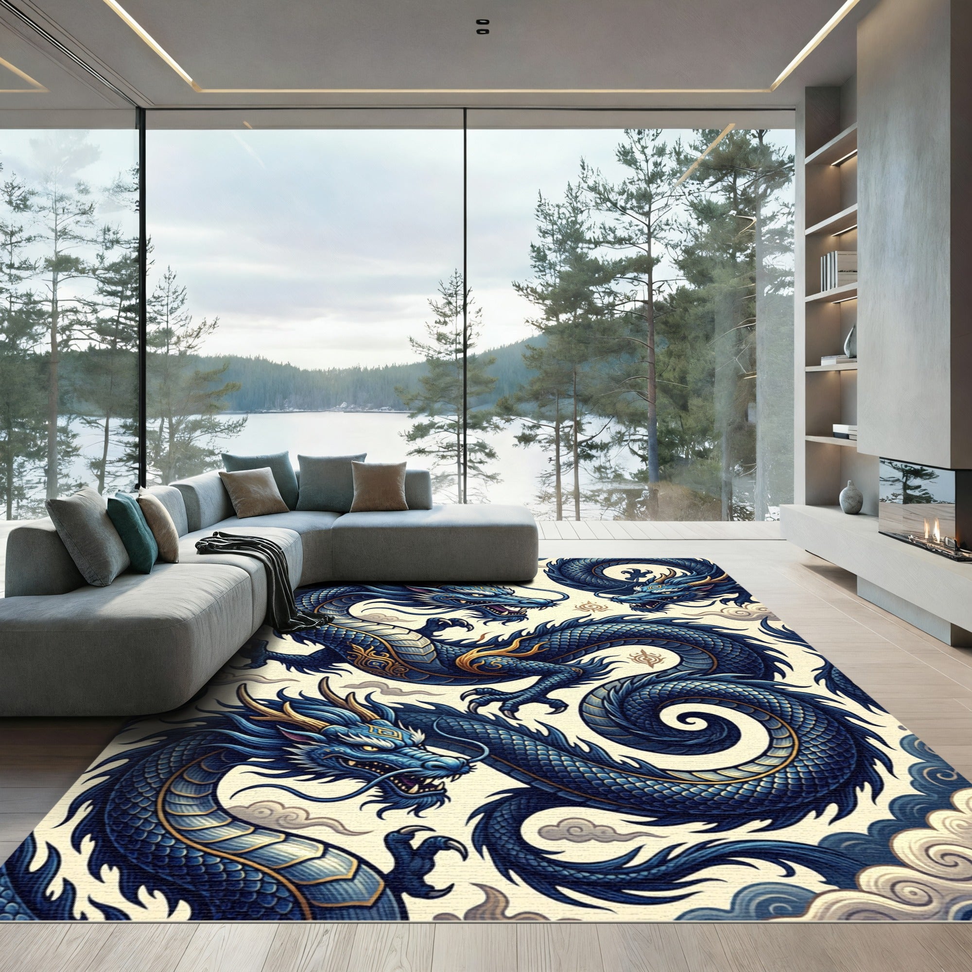 Majestic Azure Dragon Serpent Clouds Rug