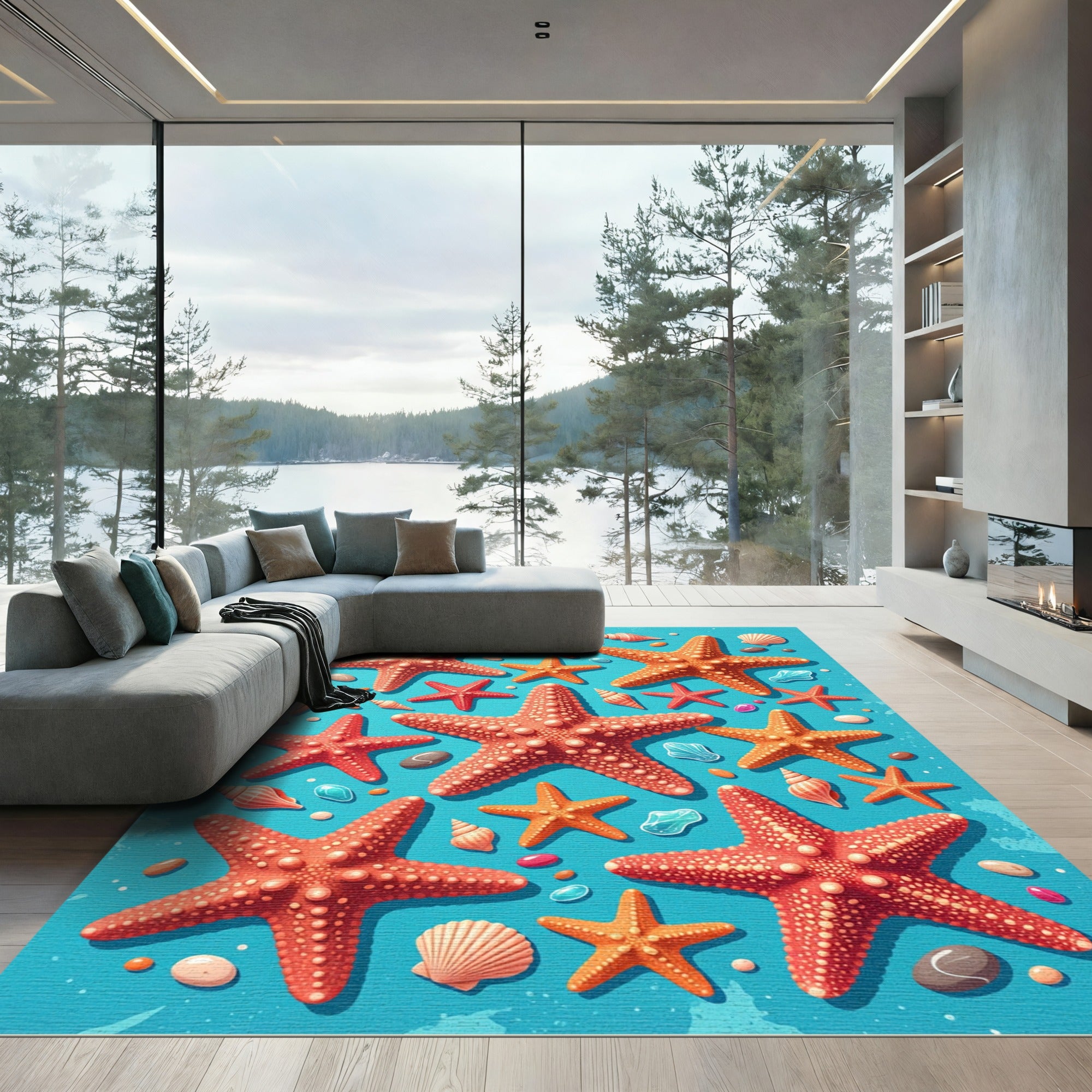 Vibrant Coastal Starfish Sea Shell Ocean Rug