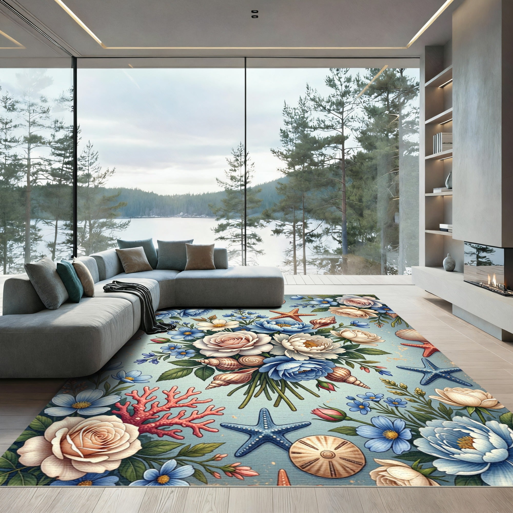 Coastal Floral Bouquet with Seashells Rug