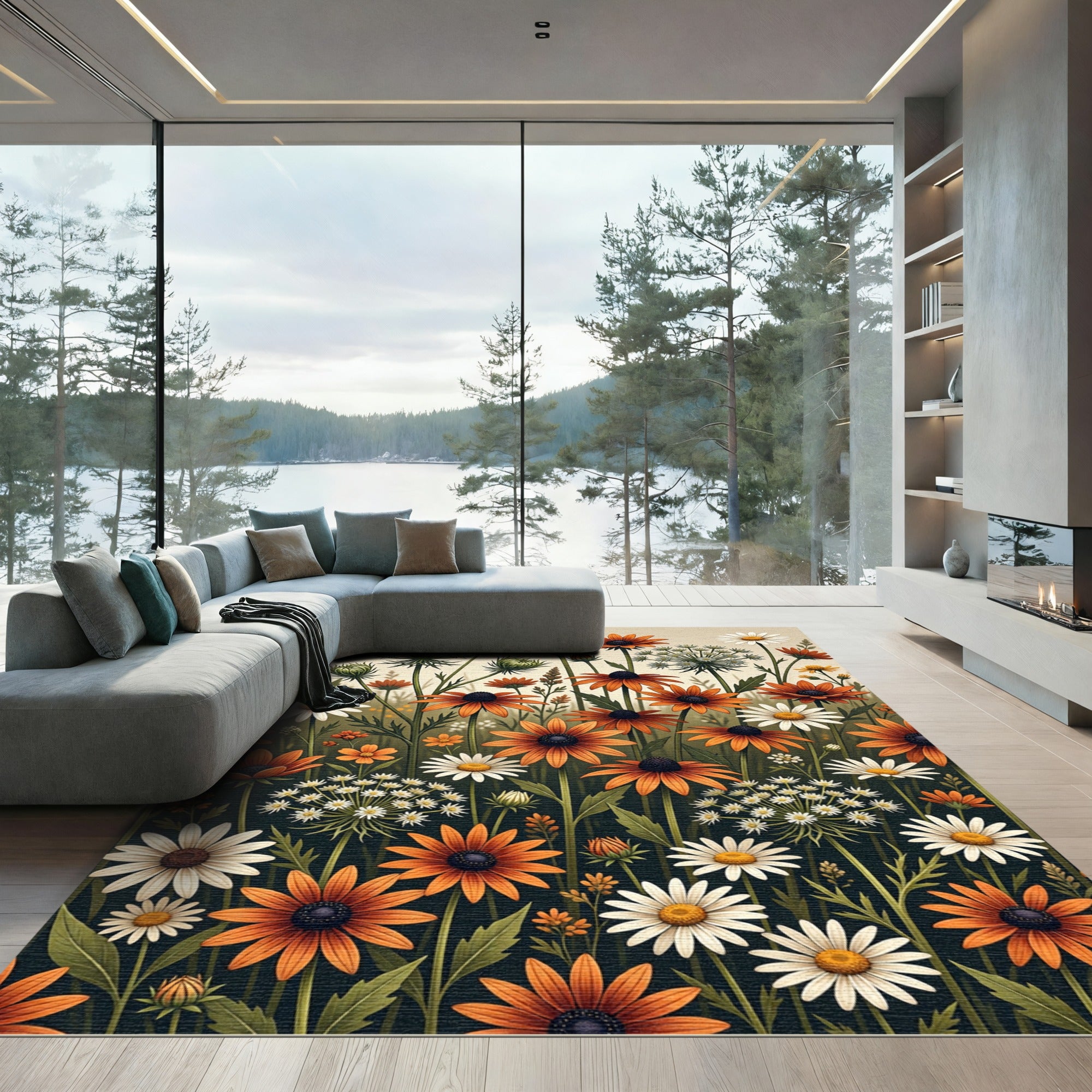 Meadow Wildflower Botanical Orange White Floral Rug