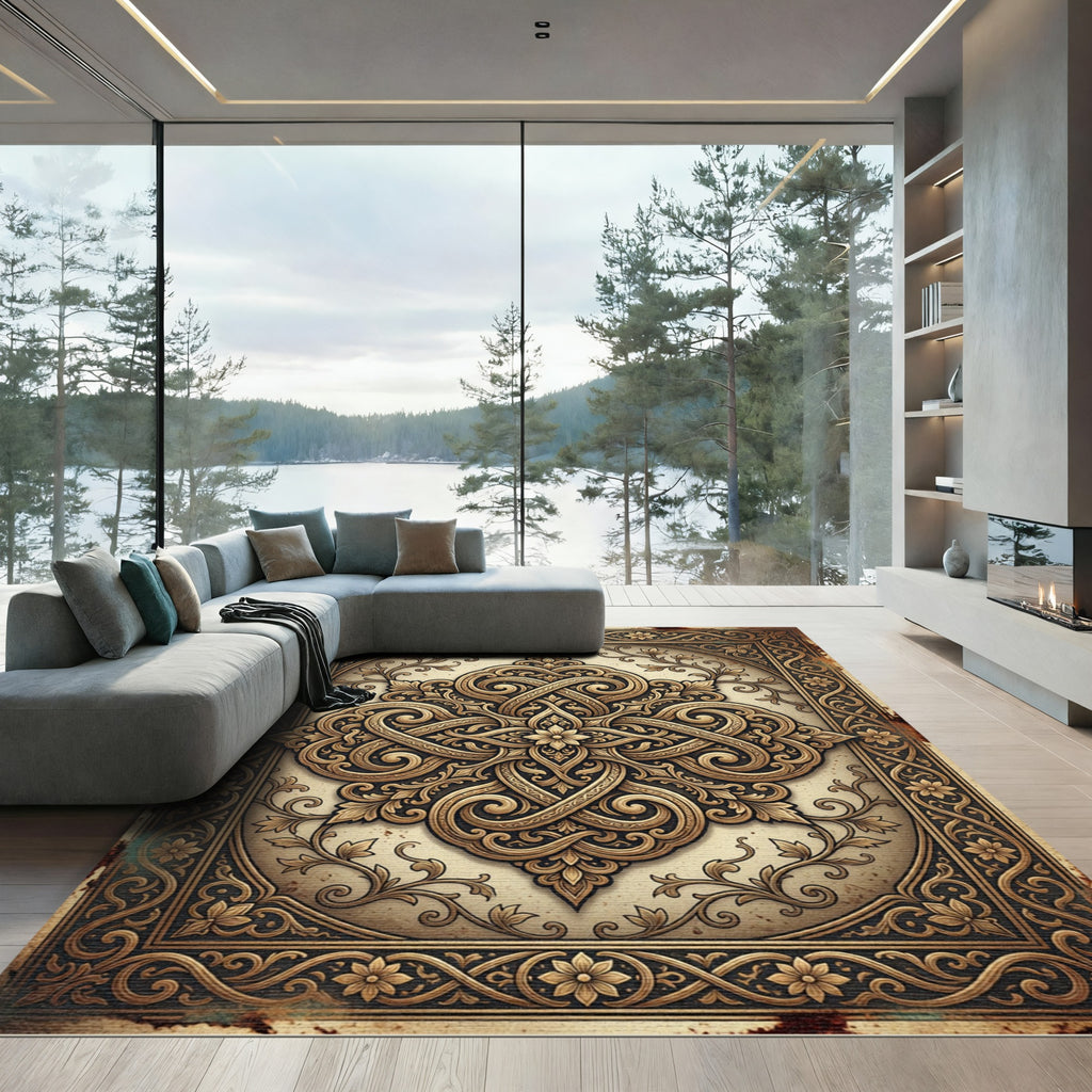 Ornate Golden Baroque Scroll Medallion Rug
