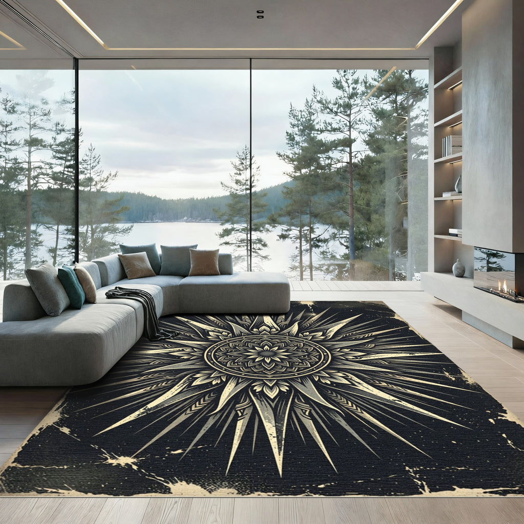 Celestial Monochrome Sunburst Star Medallion Rug