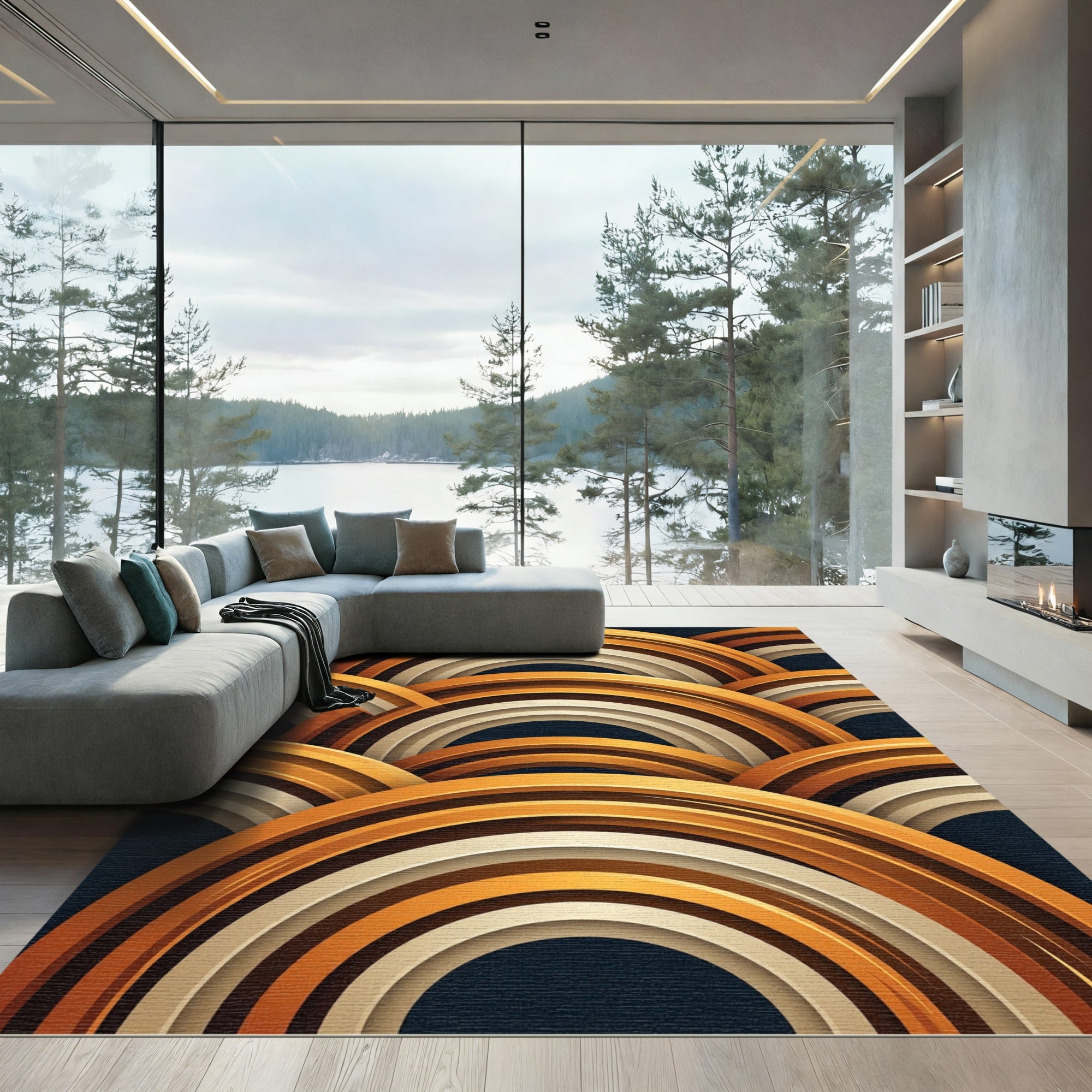 Golden Mid-Century Modern Abstract Arch Rug