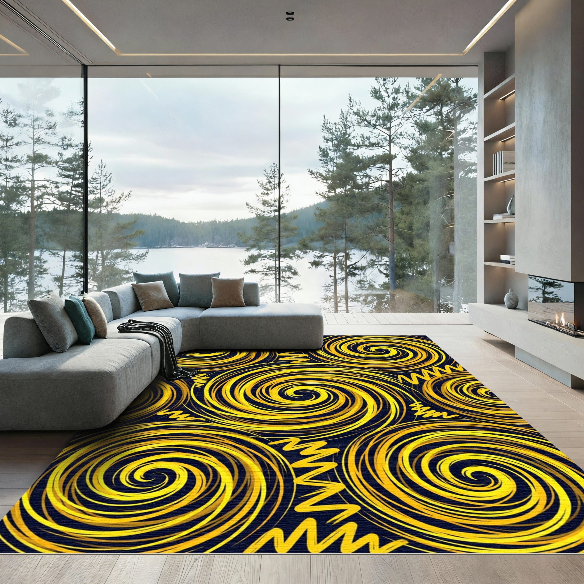 Vibrant Golden Radiant Swirl Abstract Rug
