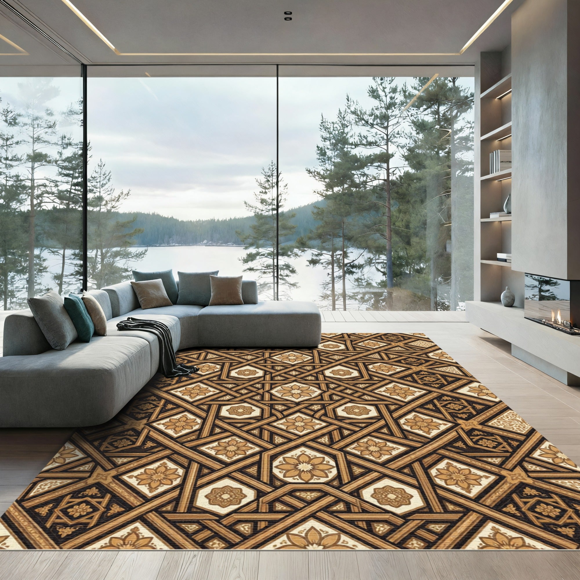 Timeless Golden Geometric Floral Tapestry Rug