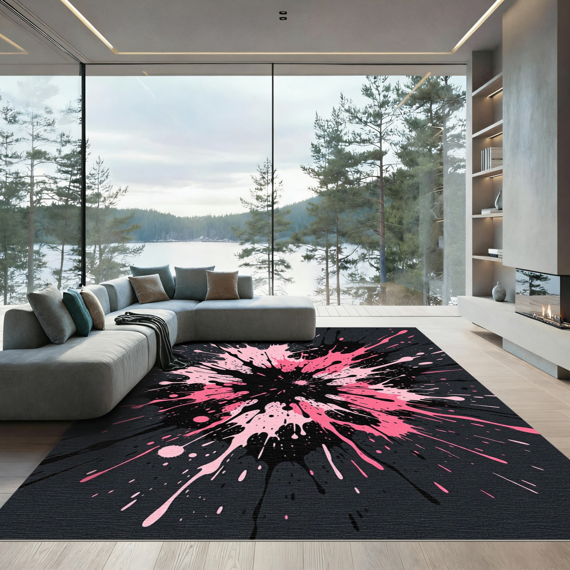 Modern Pink and Black Splatter Splash Rug
