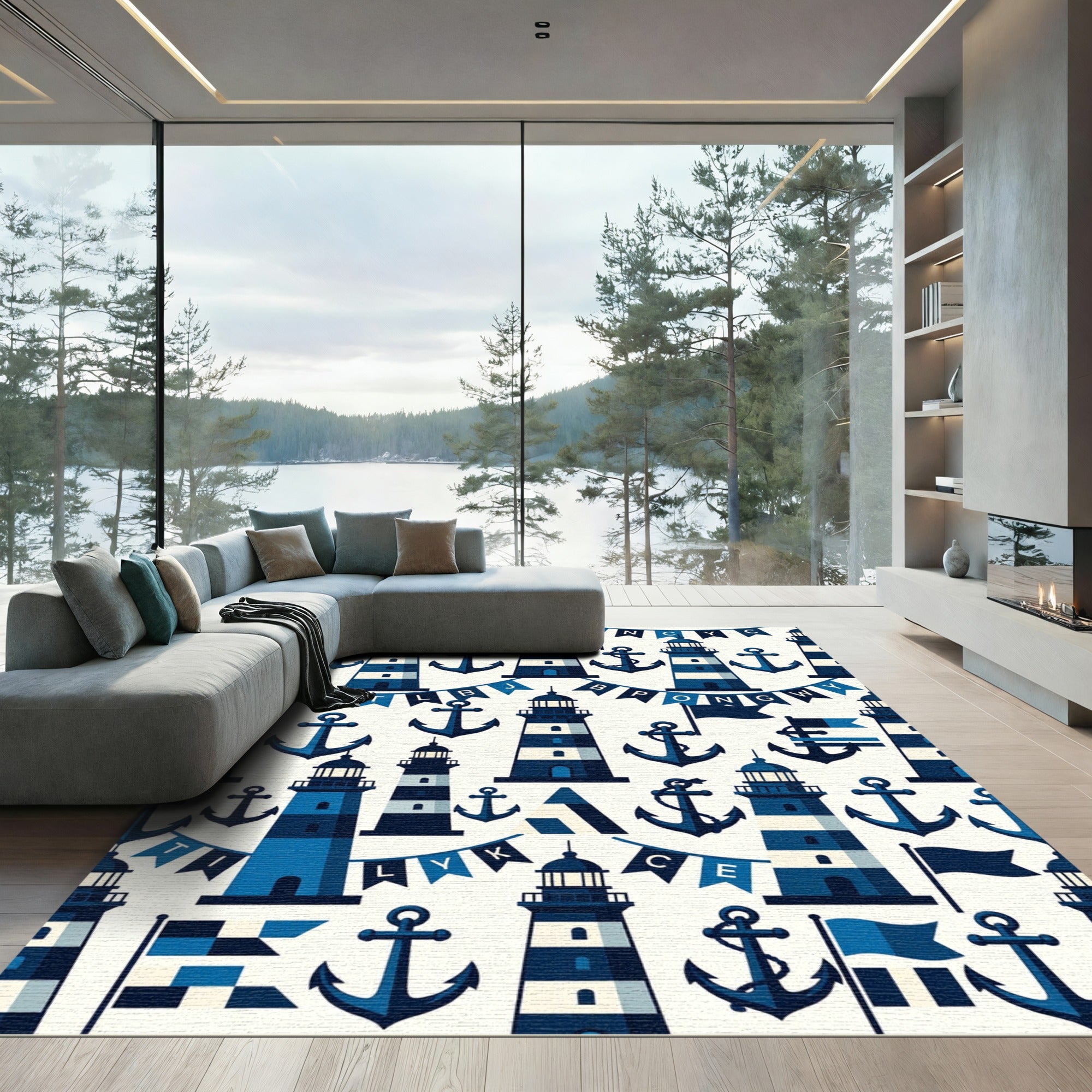 Nautical Blue Lighthouses Anchor Banner Rug