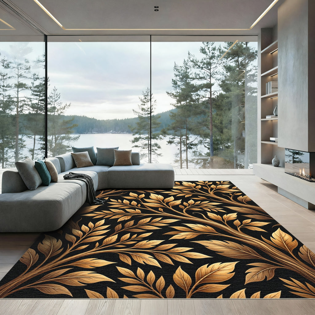 Gilded Foliage Branches on Black Background Rug