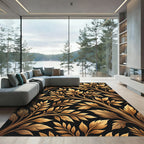 Gilded Foliage Branches on Black Background Rug