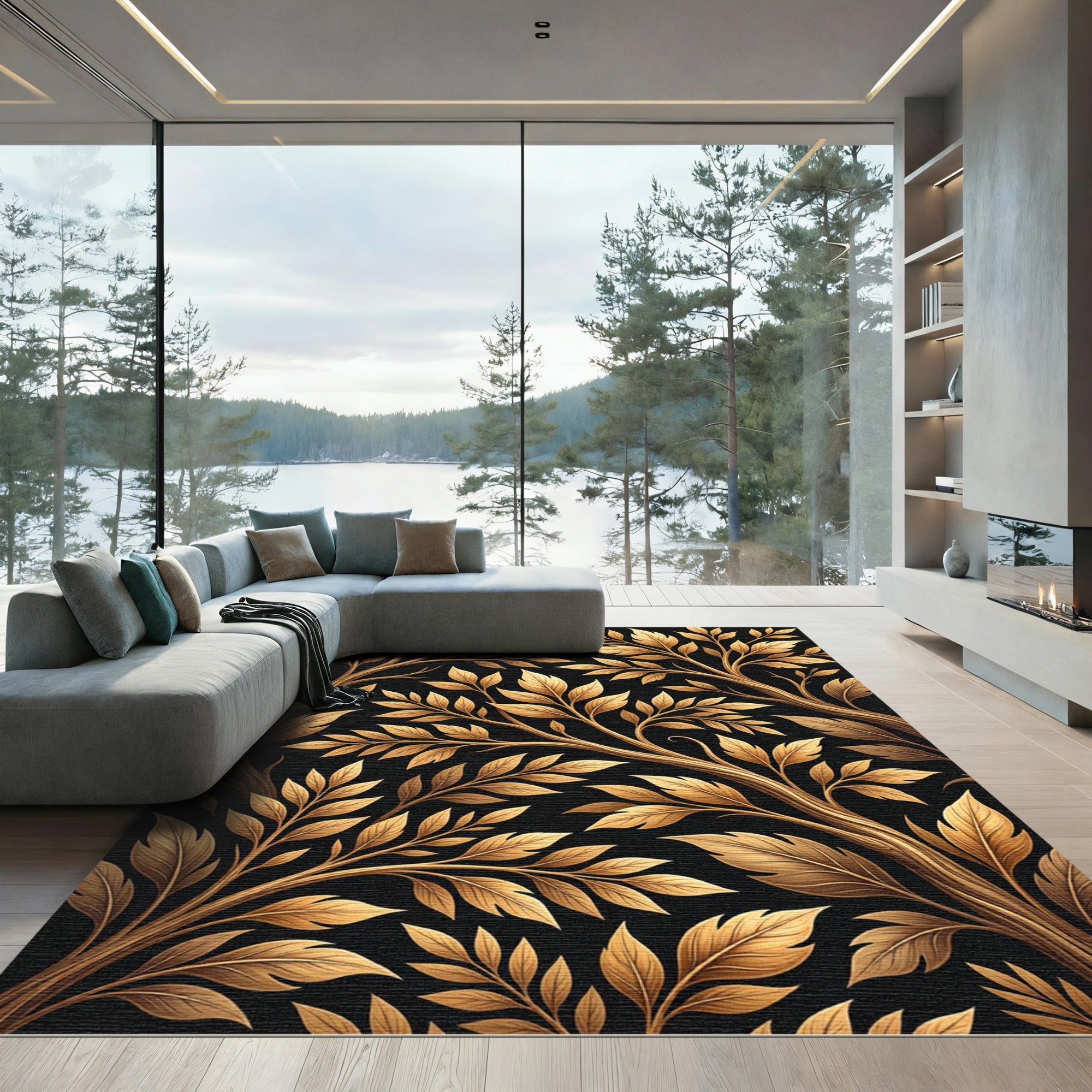 Gilded Foliage Branches on Black Background Rug