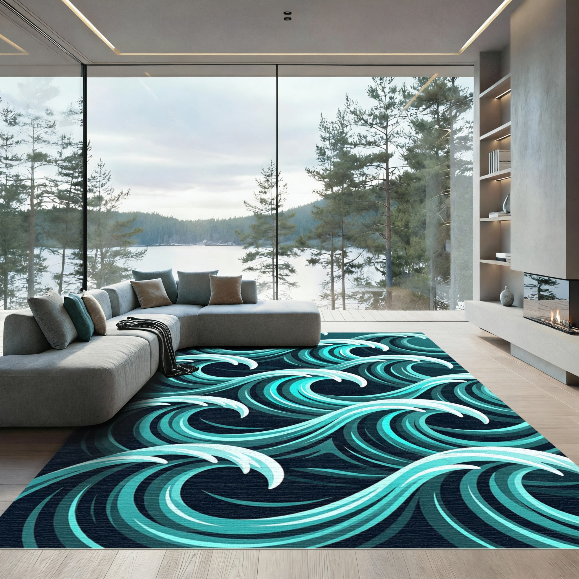 Abstract Teal Oceanic Curving Wave Rug
