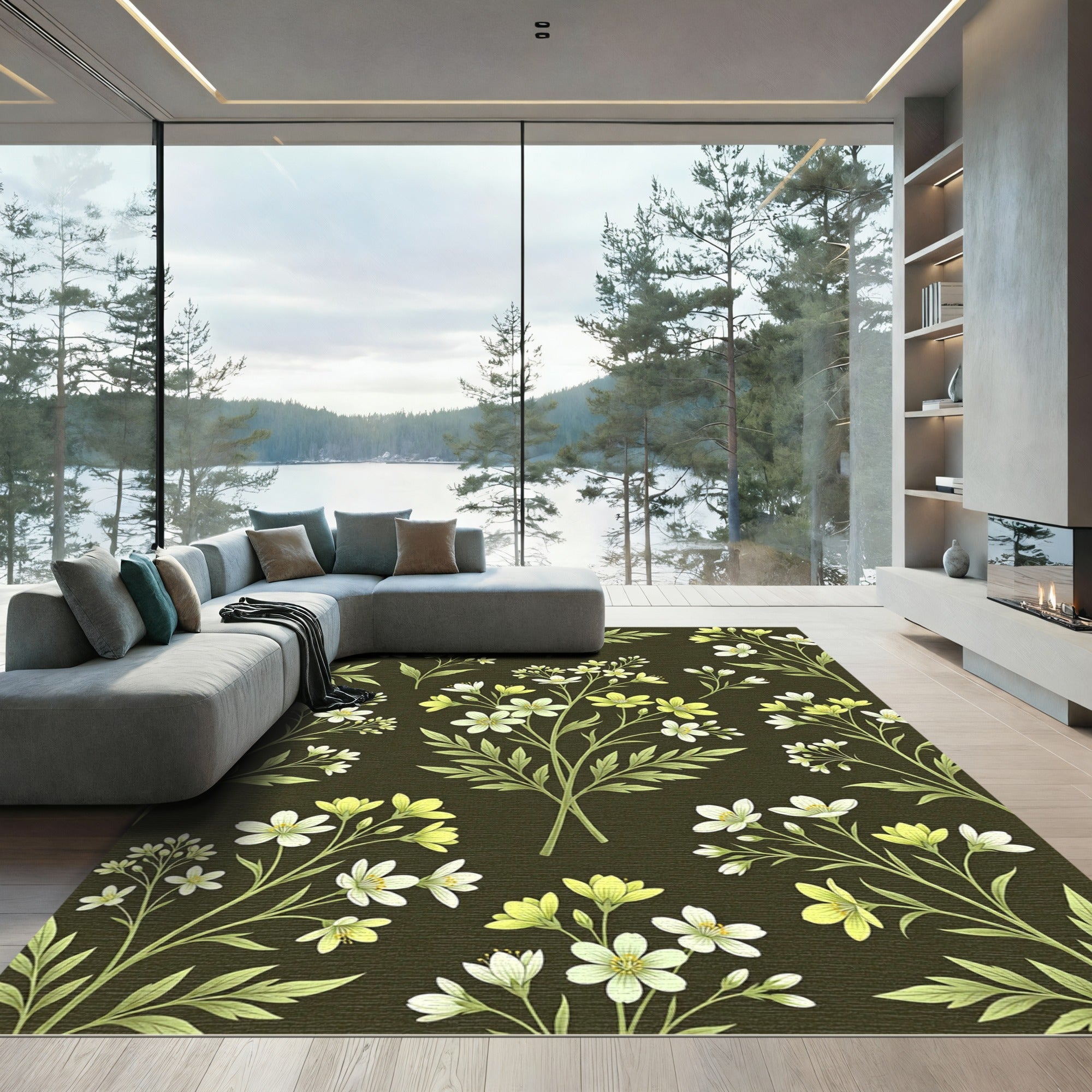 Delicate White Yellow Floral Branches Rug