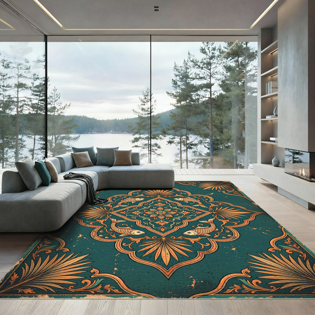 Teal Koi Fish Botanical Medallion Rug
