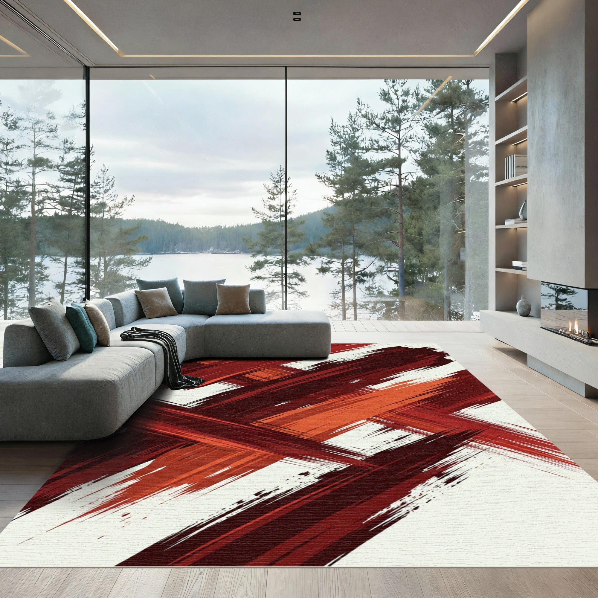 Bold Crimson Abstract Brushstroke Art Rug