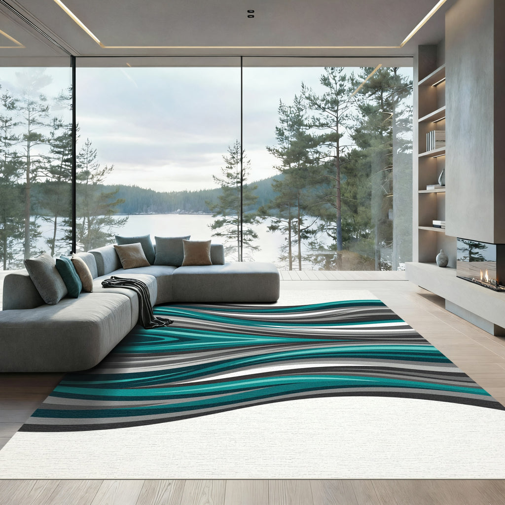 Teal and Gray Abstract Wavy Curves Rug