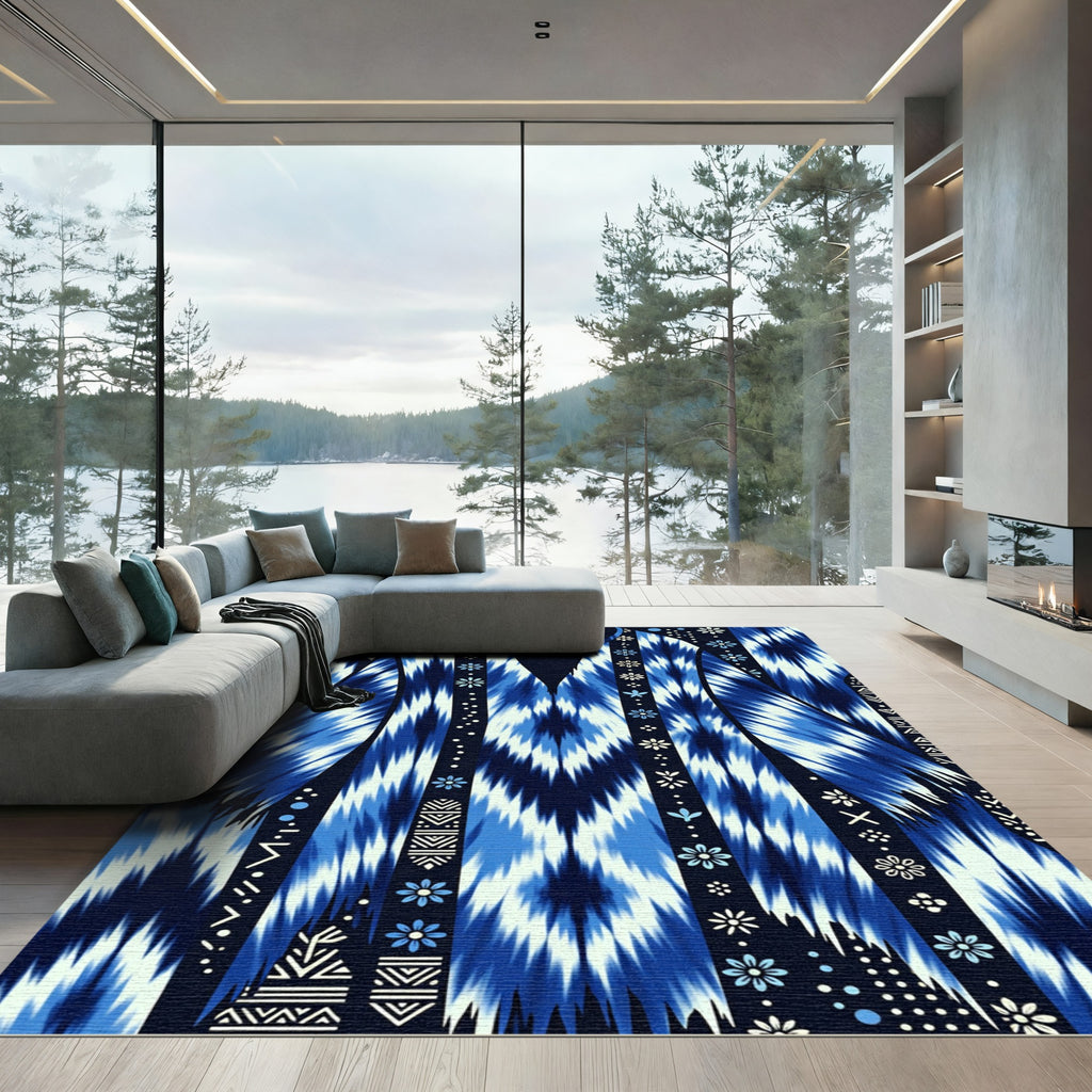 Blue Indigo Tie Dye Tribal Stripes Rug
