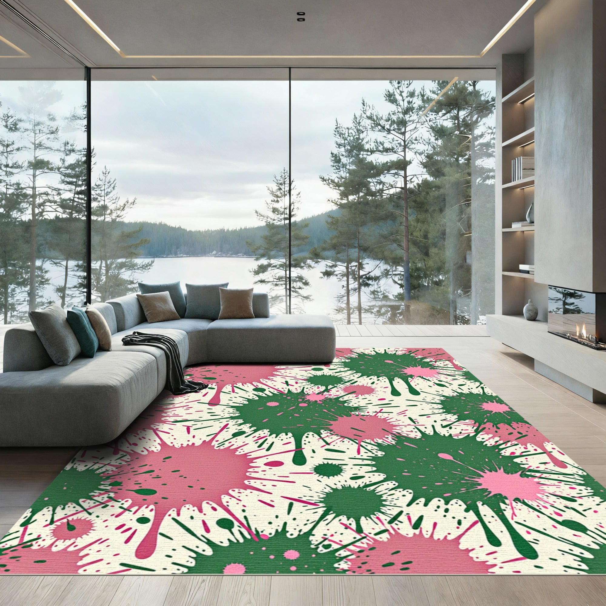 Pink and Forest Green Abstract Ink Splatter Rug