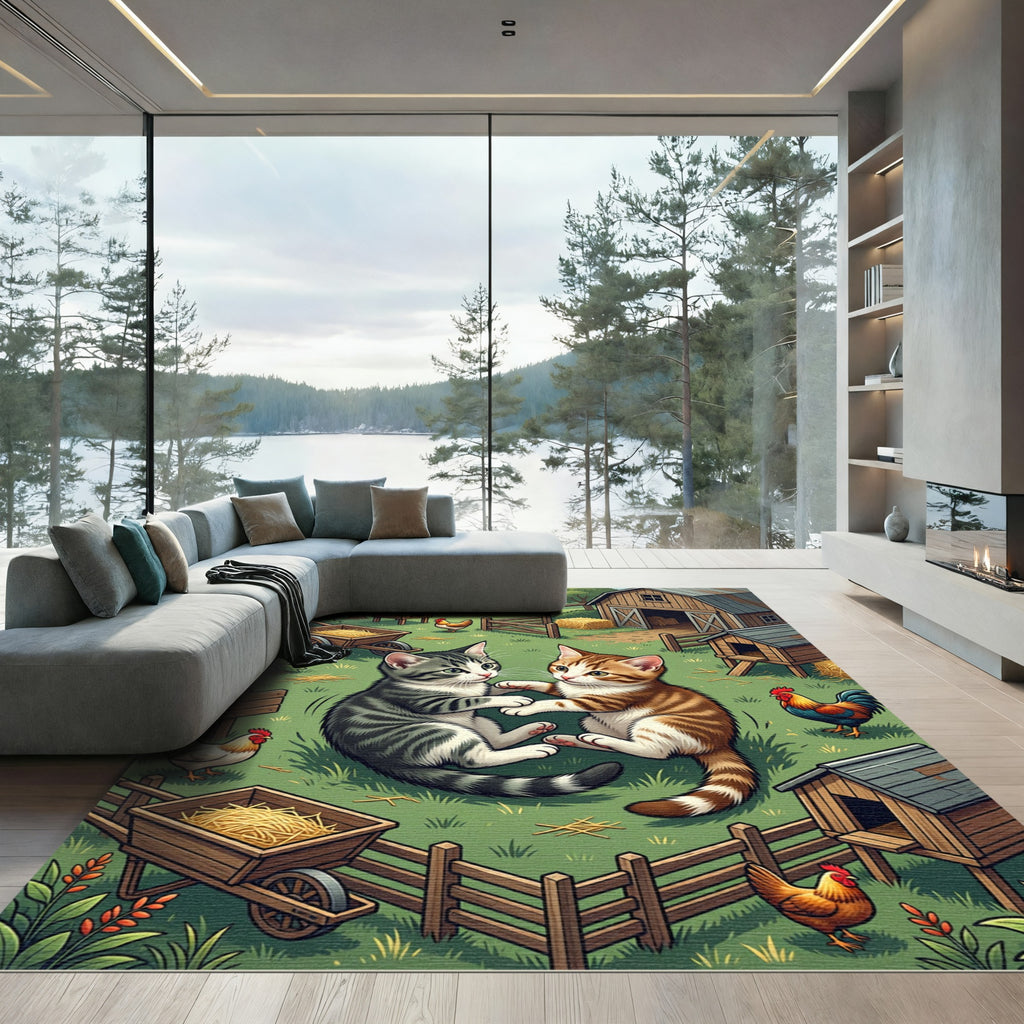 Playful Kittens in Rustic Farm Scene Rug