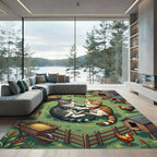 Playful Kittens in Rustic Farm Scene Rug
