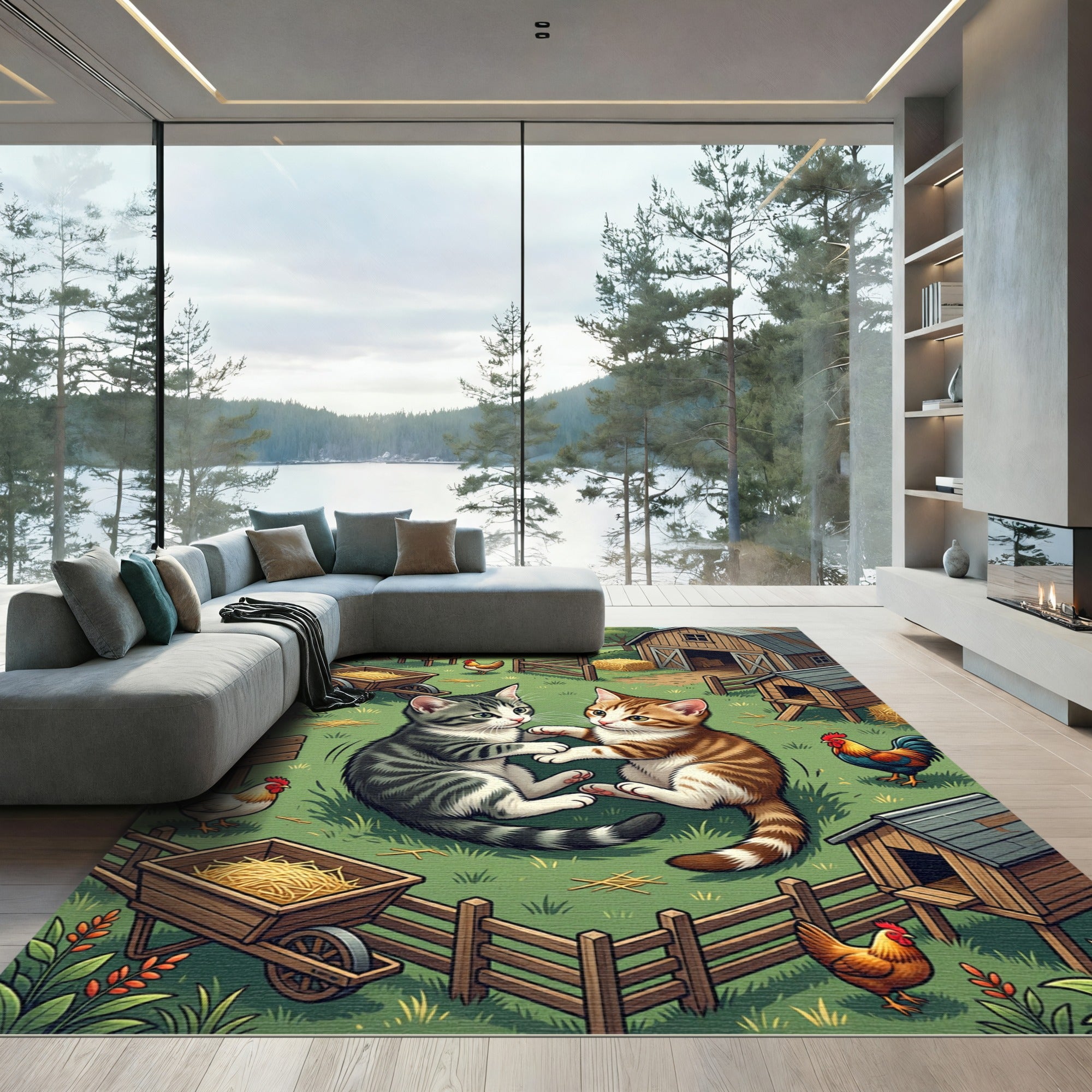 Playful Kittens in Rustic Farm Scene Rug
