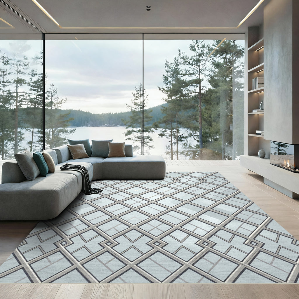 Sophisticated Silver Metallic Geometric Lattice Rug