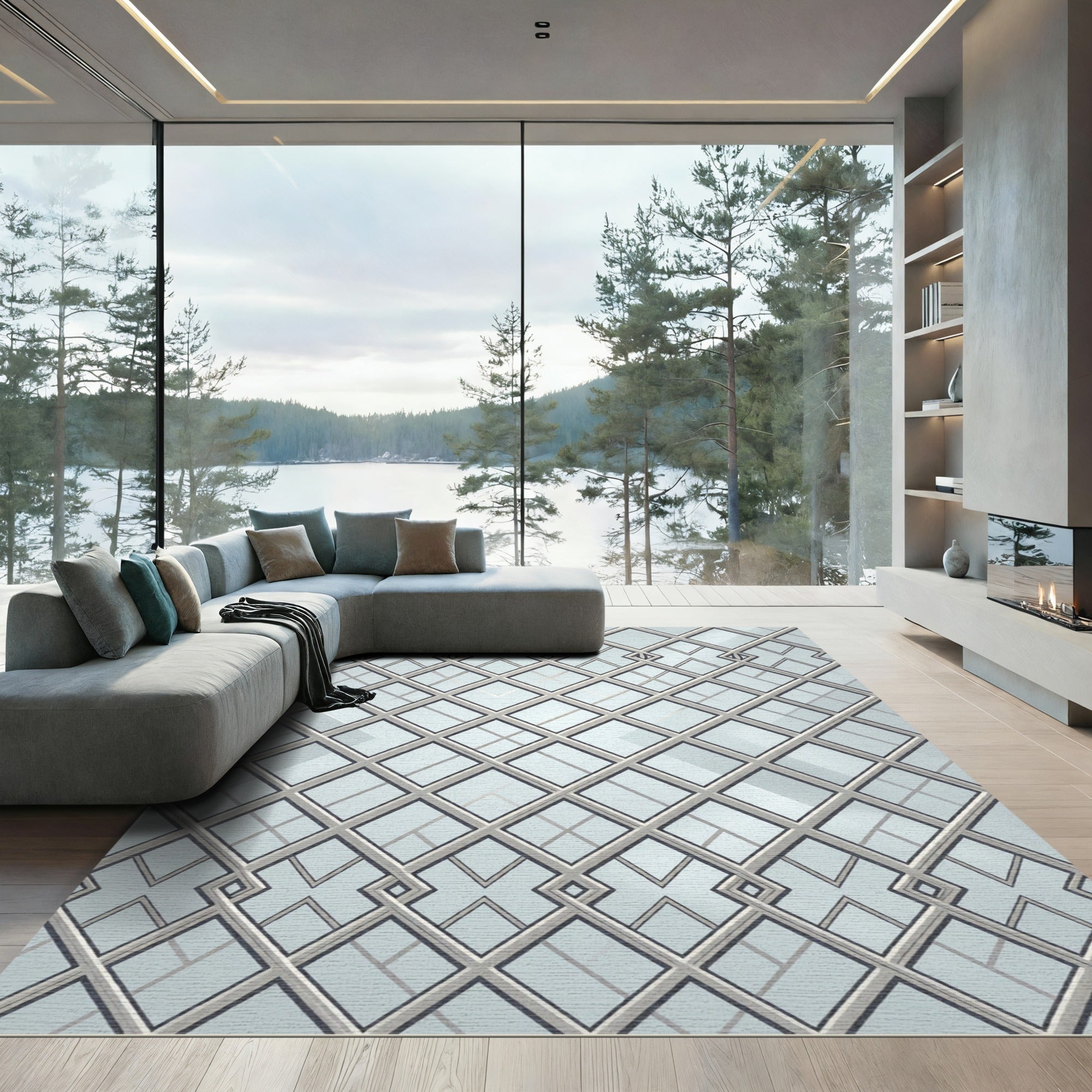 Sophisticated Silver Metallic Geometric Lattice Rug
