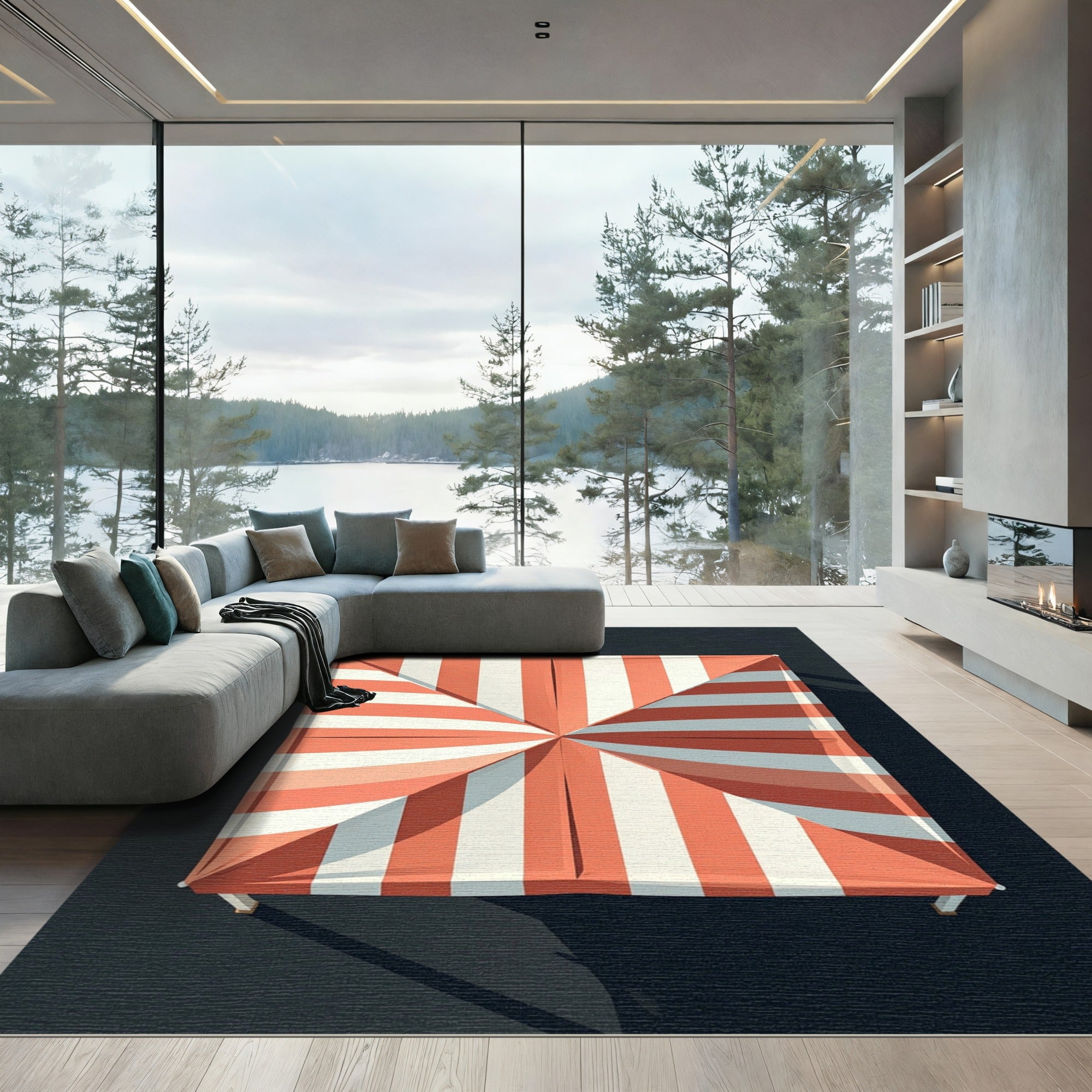 Coral White Striped Retro Sun Shade Rug