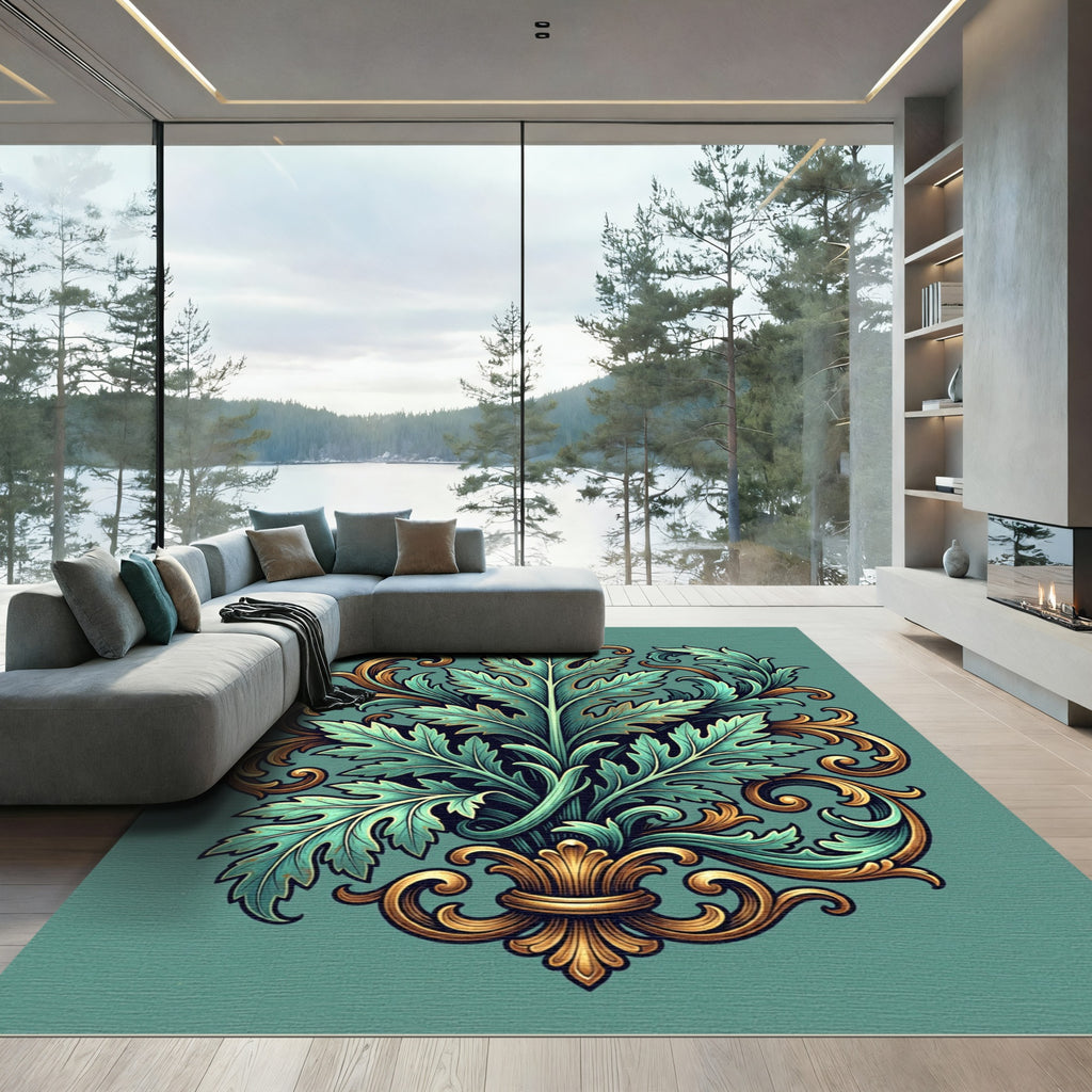 Elegant Teal and Gold Acanthus Filigree Rug