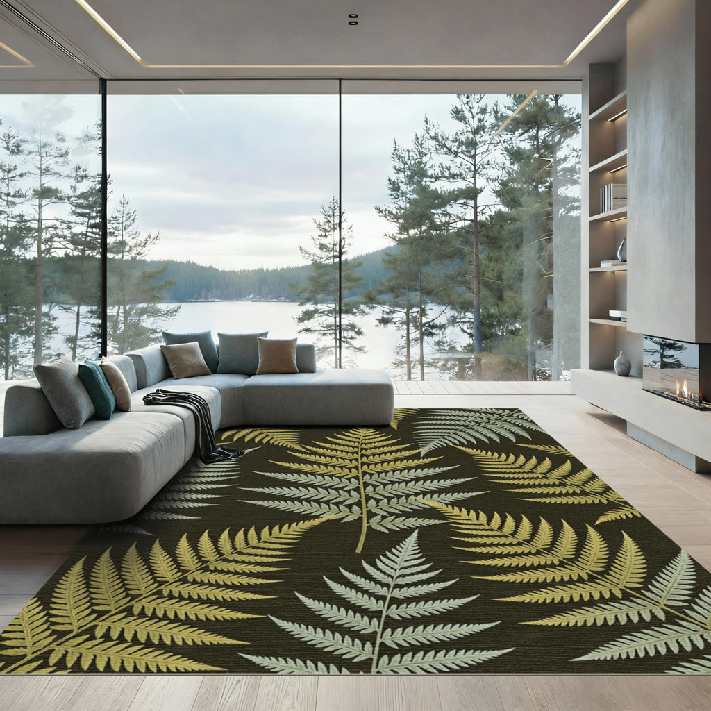 Lush Golden Fern Leaf Botanical Rug