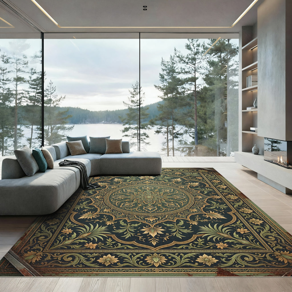 Elegant Emerald Ornate Floral Medallion Rug