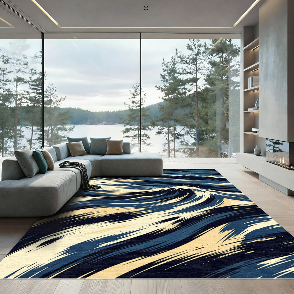 Deep Blue Cream Abstract Wave Rug