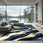 Deep Blue Cream Abstract Wave Rug