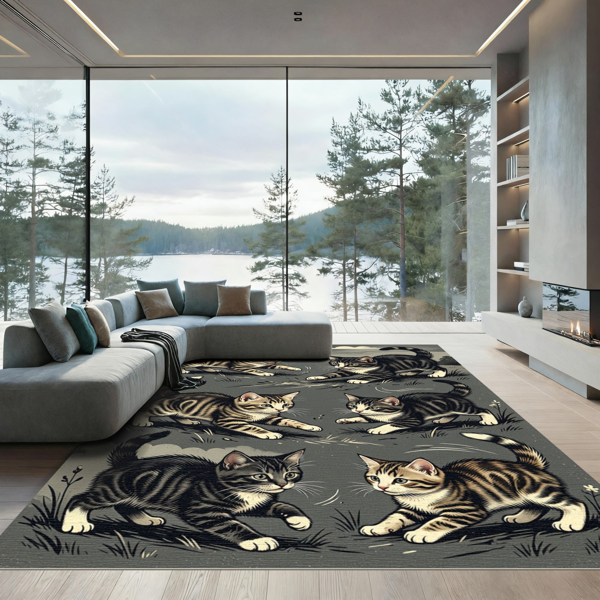 Playful Tabby Kitten Charcoal Illustration Rug