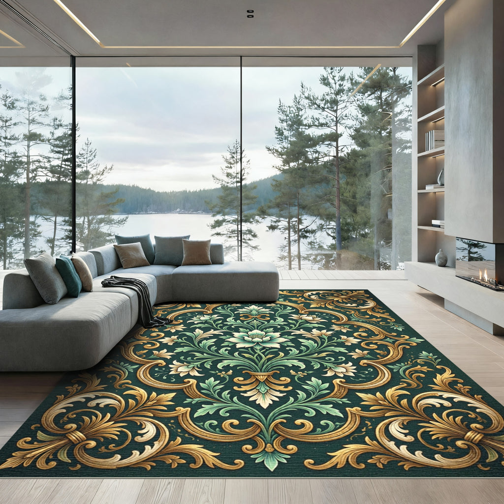 Elegant Emerald Gold Damask Floral Rug