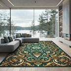 Elegant Emerald Gold Damask Floral Rug