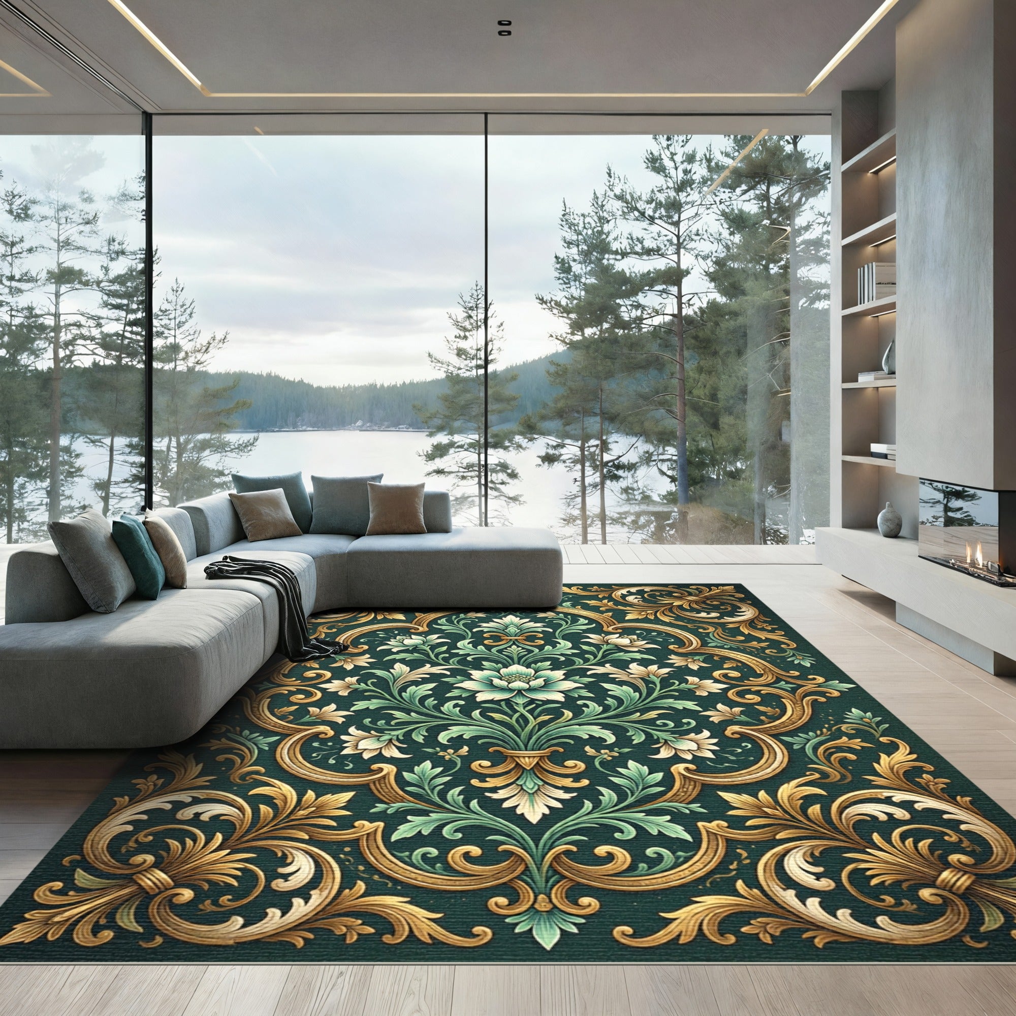 Elegant Emerald Gold Damask Floral Rug