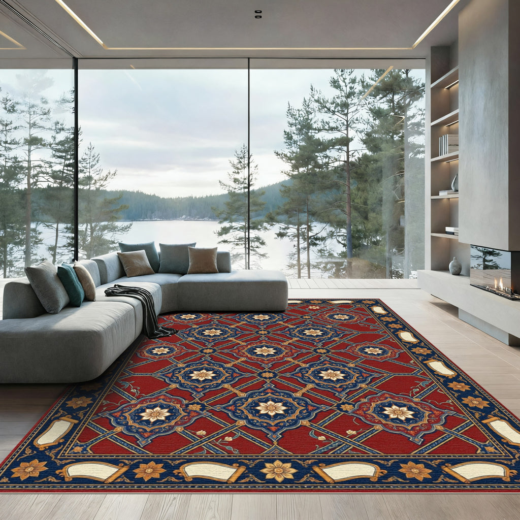 Crimson Blue Golden Arabesque Medallions Rug