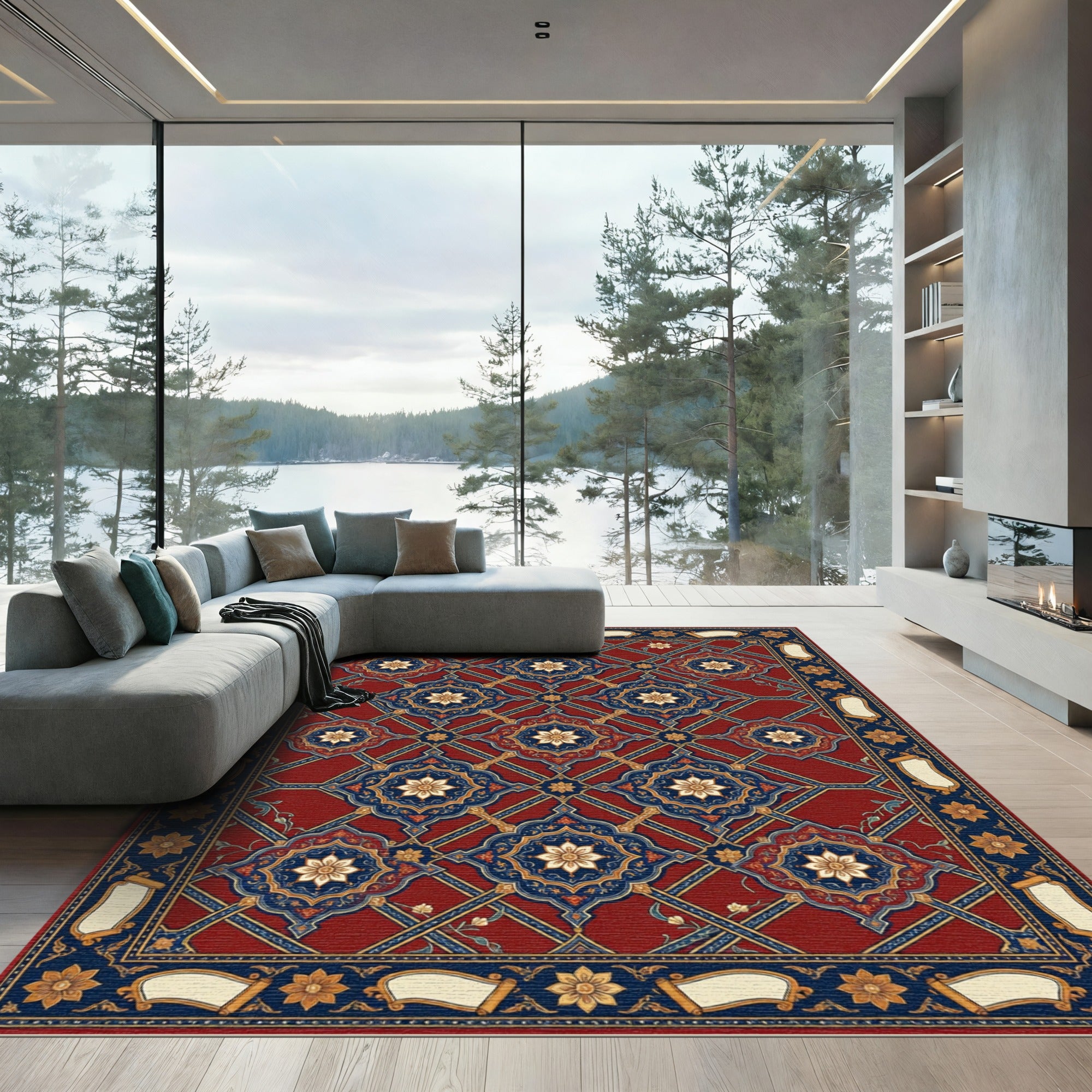 Crimson Blue Golden Arabesque Medallions Rug