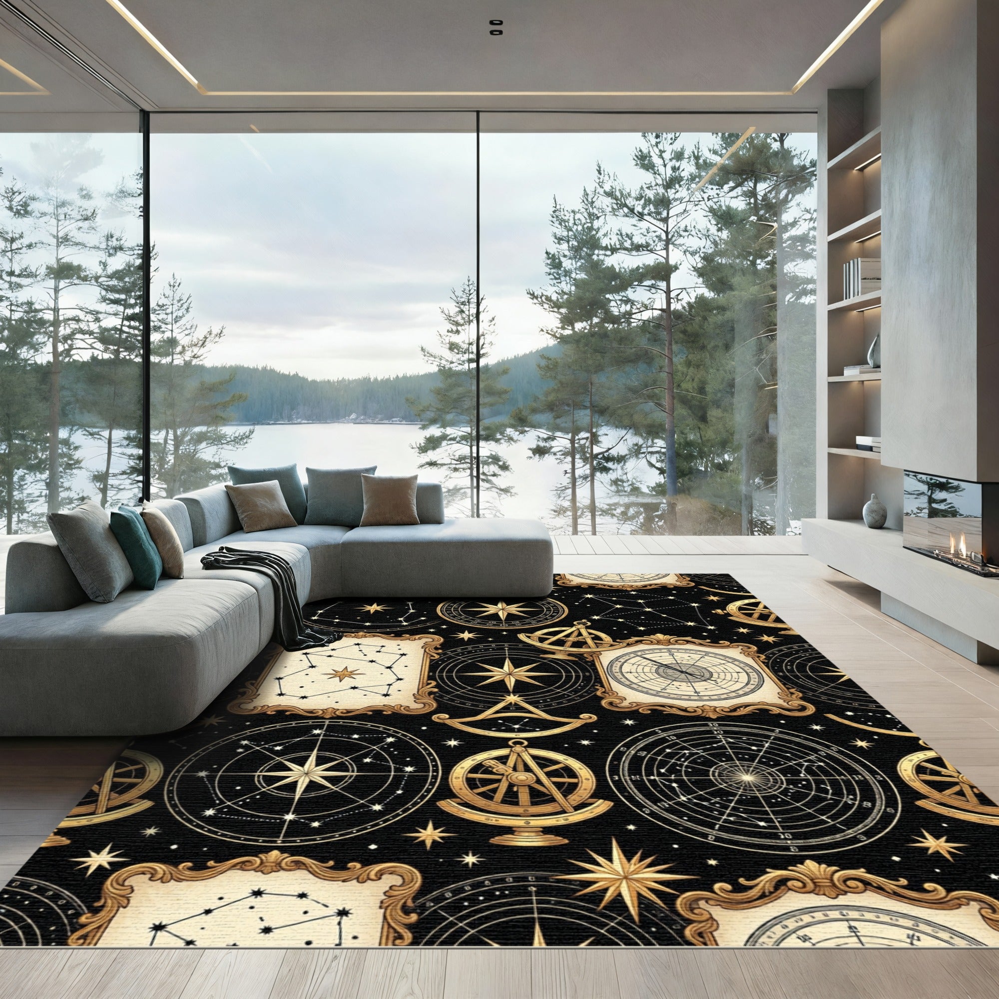Golden Celestial Navigation Astrolabe Rug