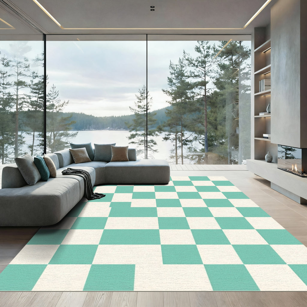 Teal and Cream Checkered Squares Rug