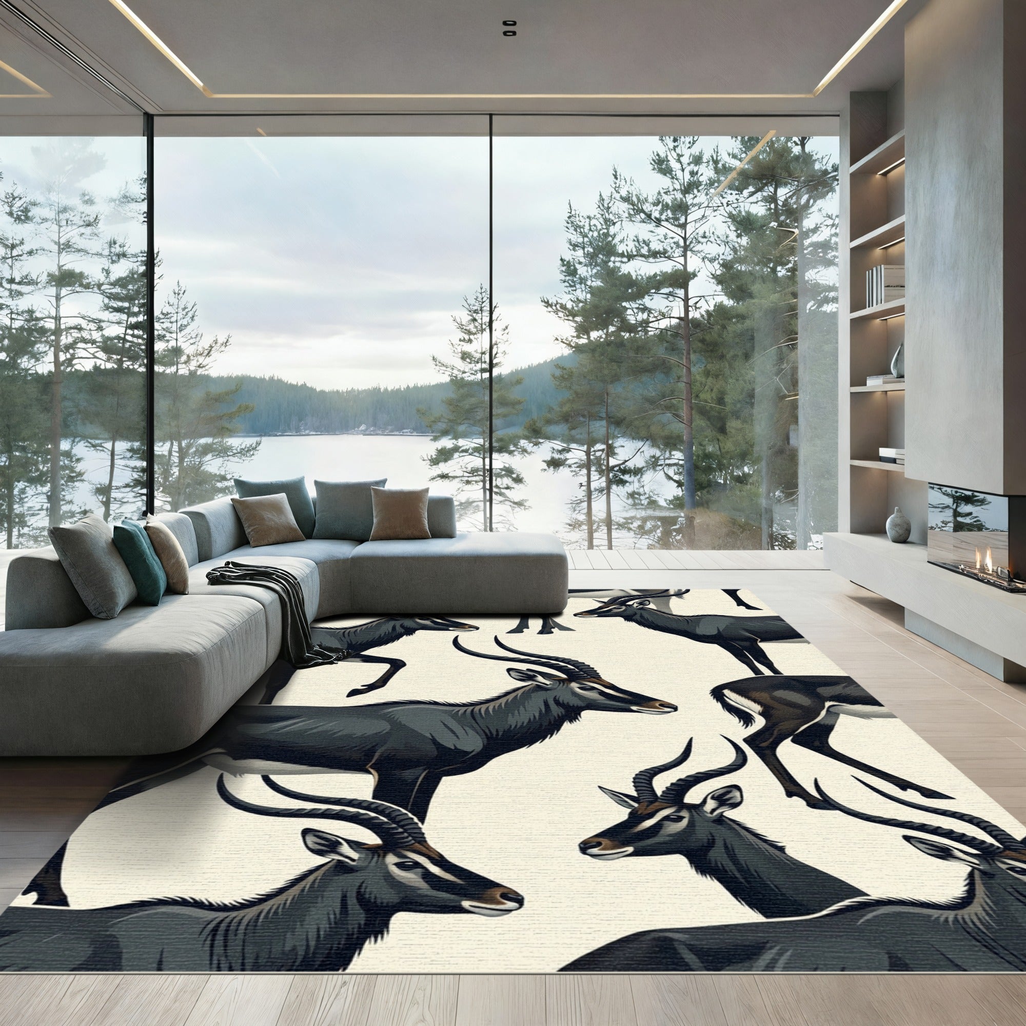 Elegant Monochrome Sable Antelope Illustration Rug