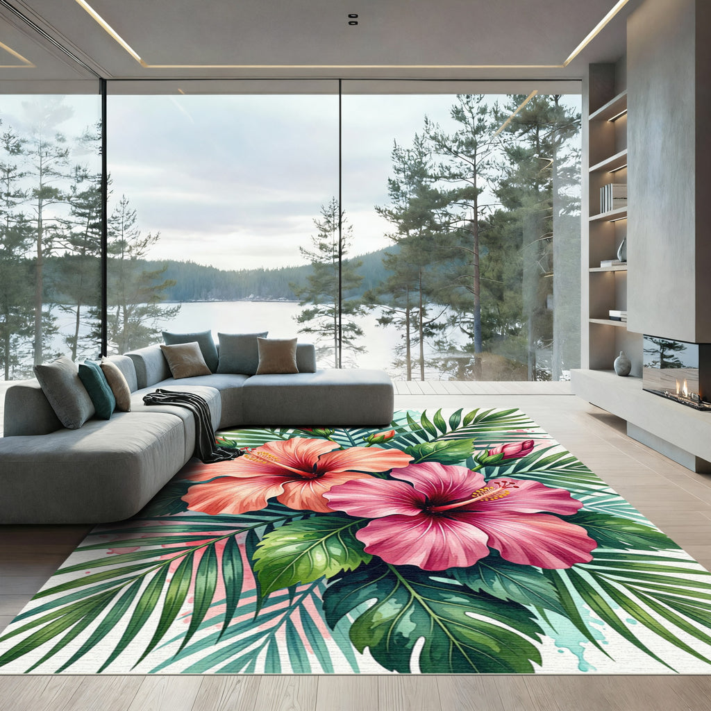 Tropical Pink Hibiscus Floral Art Rug