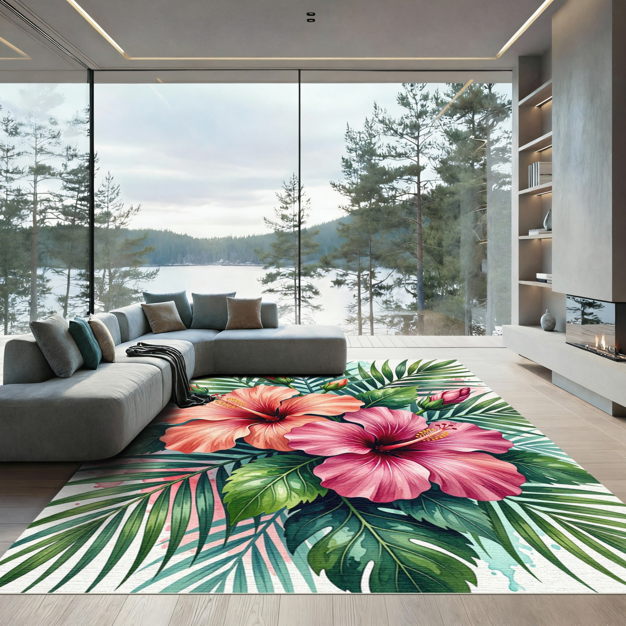 Tropical Pink Hibiscus Floral Art Rug